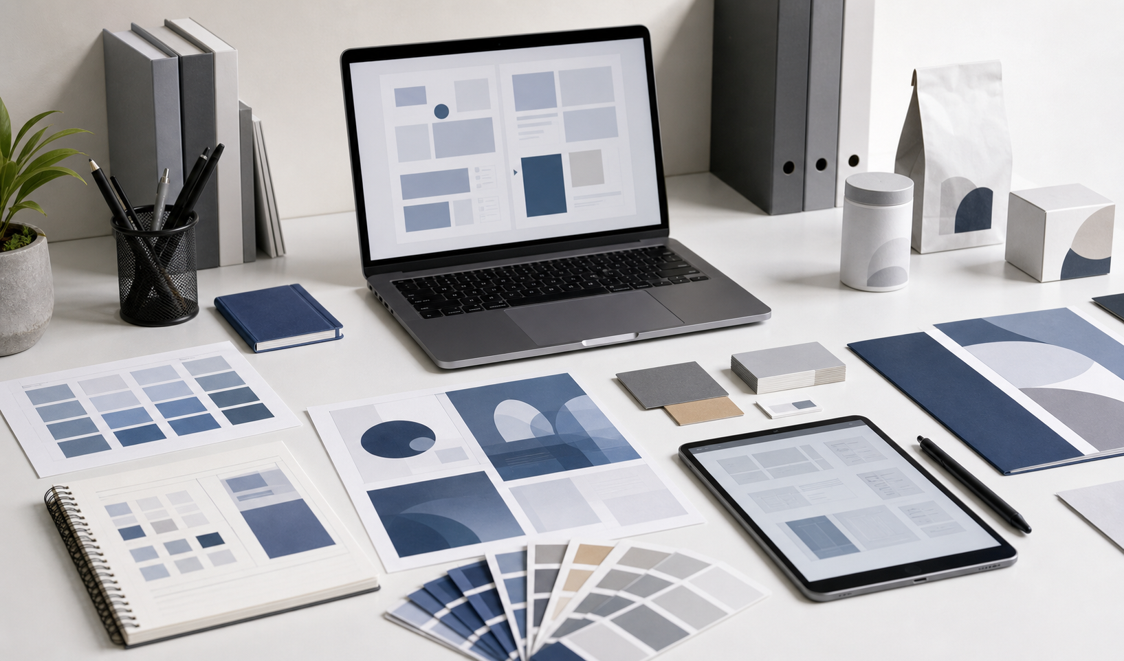 Professional design workspace with website layouts, print artwork, color palettes and packaging mockups