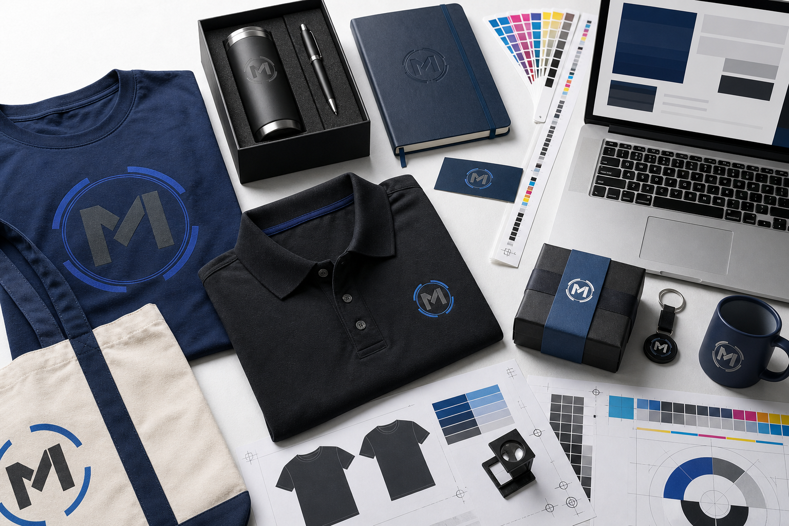 Custom apparel, corporate gifts, printed materials and design proofs arranged on a production desk
