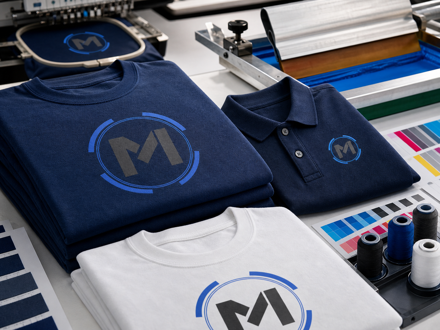 Custom printed apparel production with t-shirts, polo shirts and print equipment