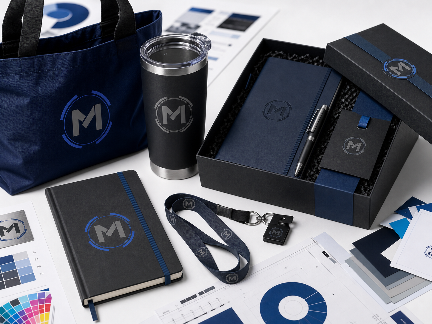 Corporate gift set with branded tote bag, tumbler, notebook, lanyard and gift box
