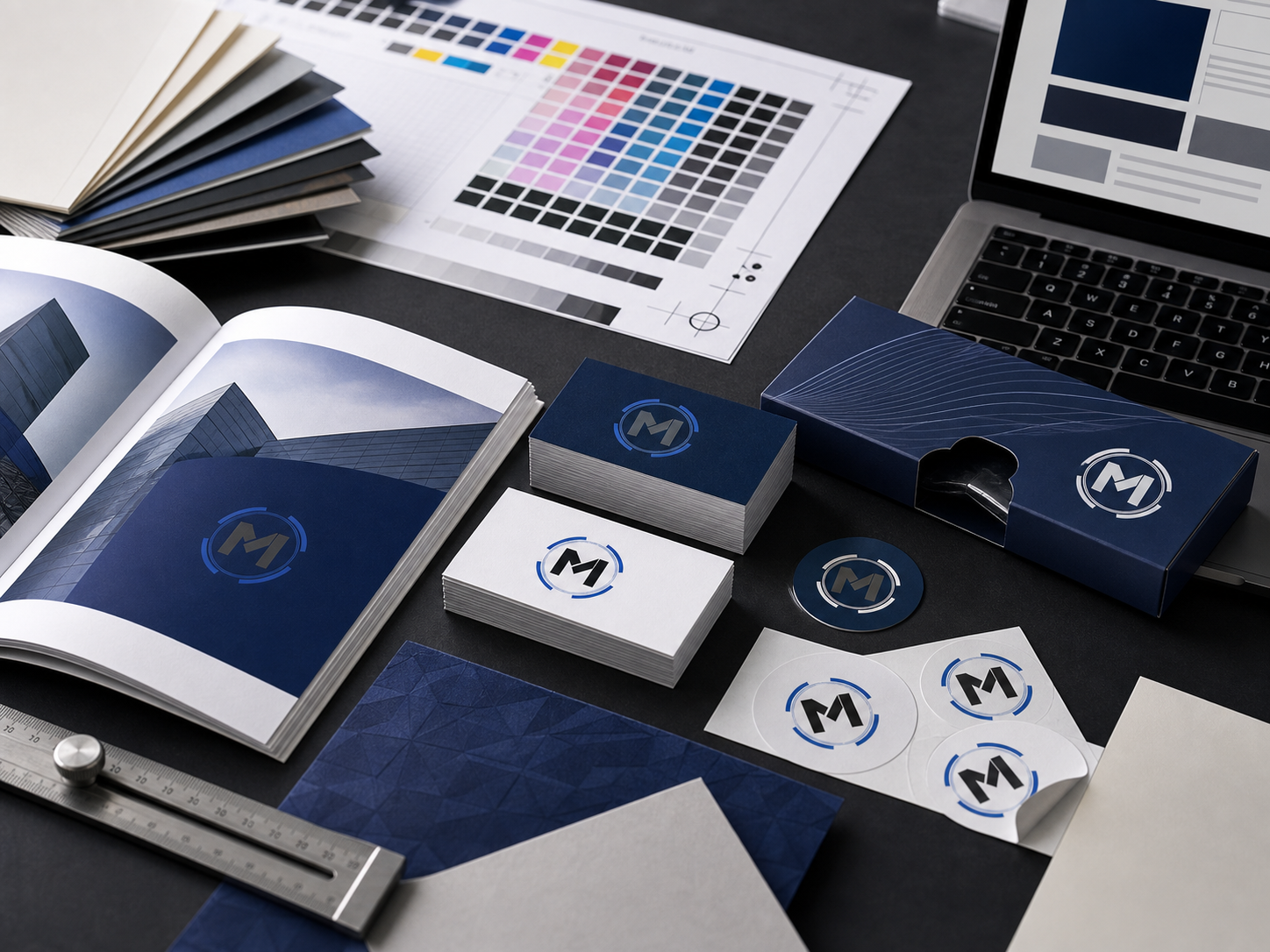 Printed brochures, business cards, stickers and design proofing materials on a studio table